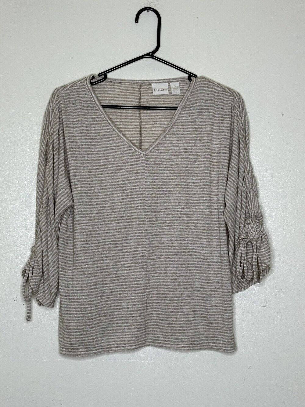 Chicos 1 US Size 8 Top Shirt Tan White Striped Ruched Drawstring Sleeve Knit 3/4